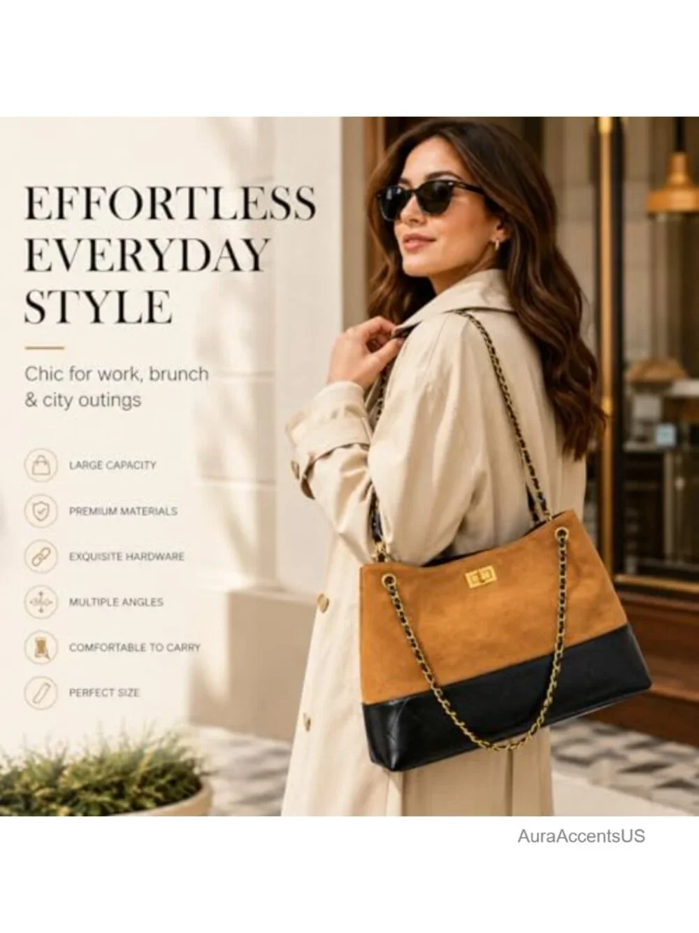 Quilted Two-Tone Tote Bag Faux Suede Leather Purse Shoulder Handbag with Chain